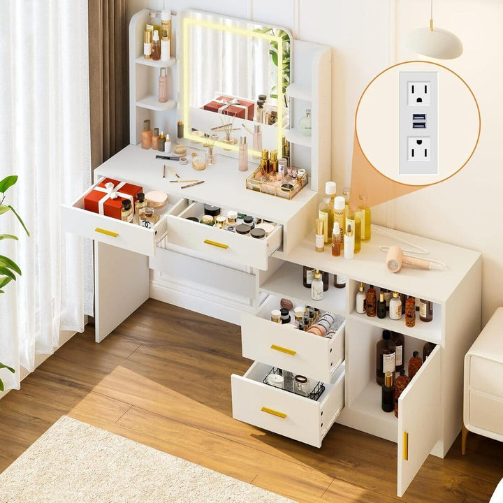 Pamapic 62" Vanity Desk with 4 drawers, 8 open shelves & 1 side cabinet