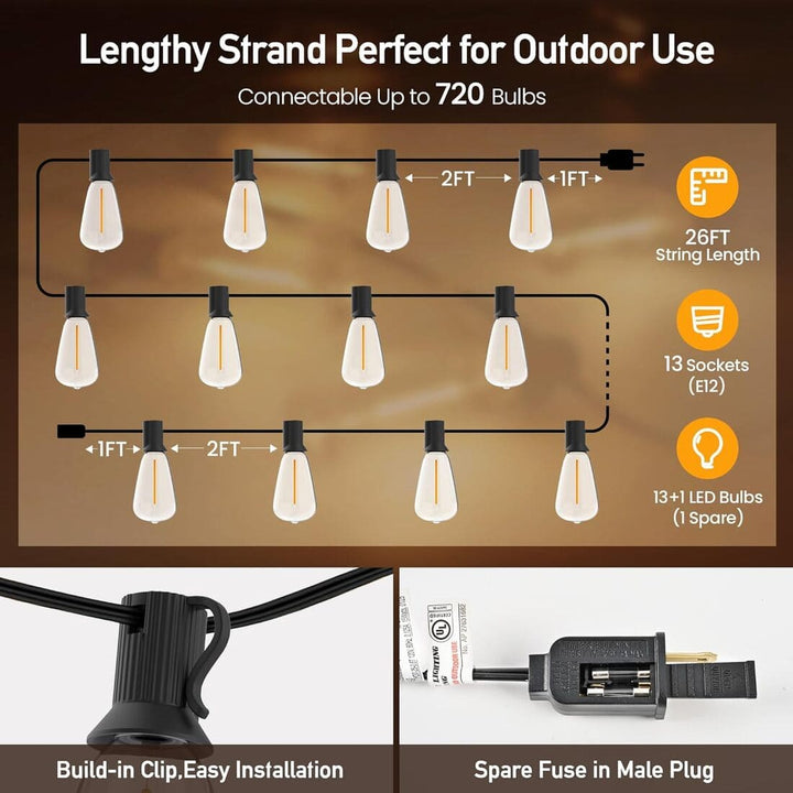 26ft Outdoor String Lights with 13 Sockets & 14 Shatterproof LED Bulbs