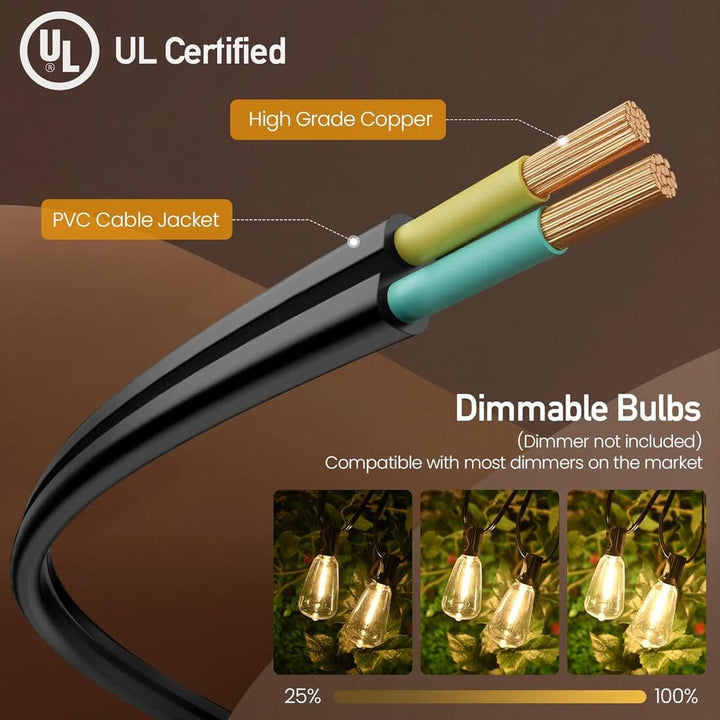 26ft Outdoor String Lights with 13 Sockets & 14 Shatterproof LED Bulbs