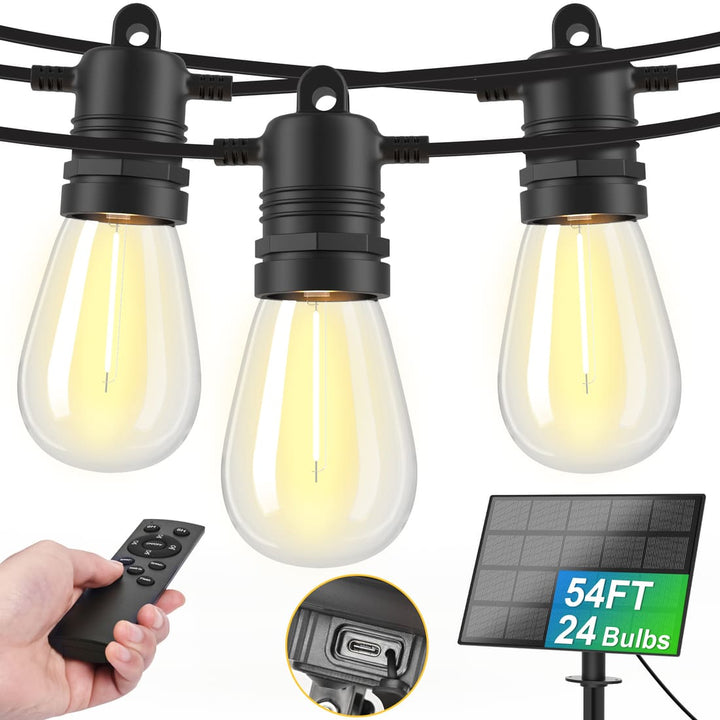 Solar String Lights 54FT with Remote & USB, Waterproof for Patio & Camping