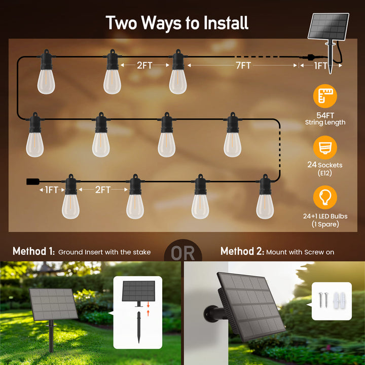 Solar String Lights 54FT with Remote & USB, Waterproof for Patio & Camping