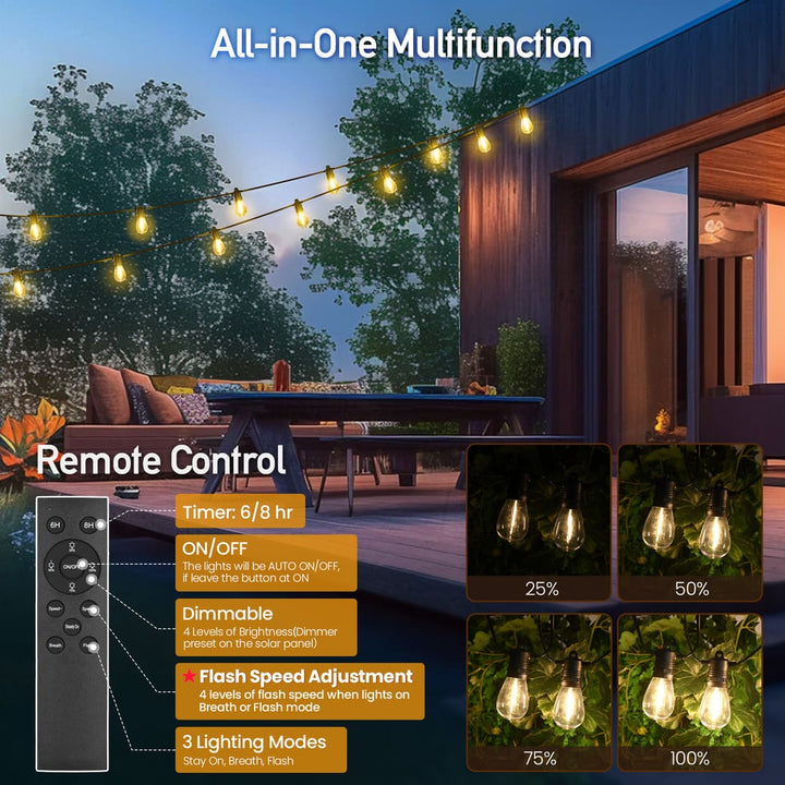Solar String Lights 54FT with Remote & USB, Waterproof for Patio & Camping