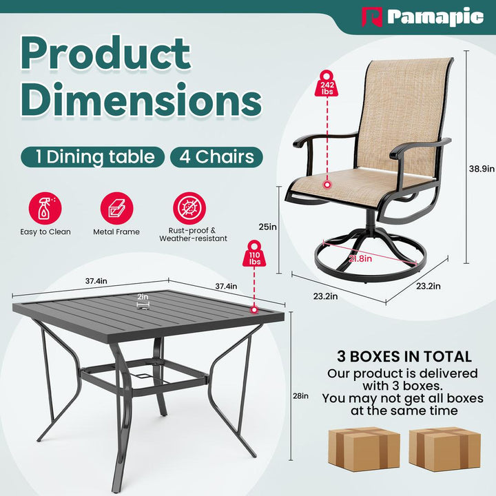 Pamapic 5-Piece Patio Dining Set with 4 Textilene Swivel Chairs