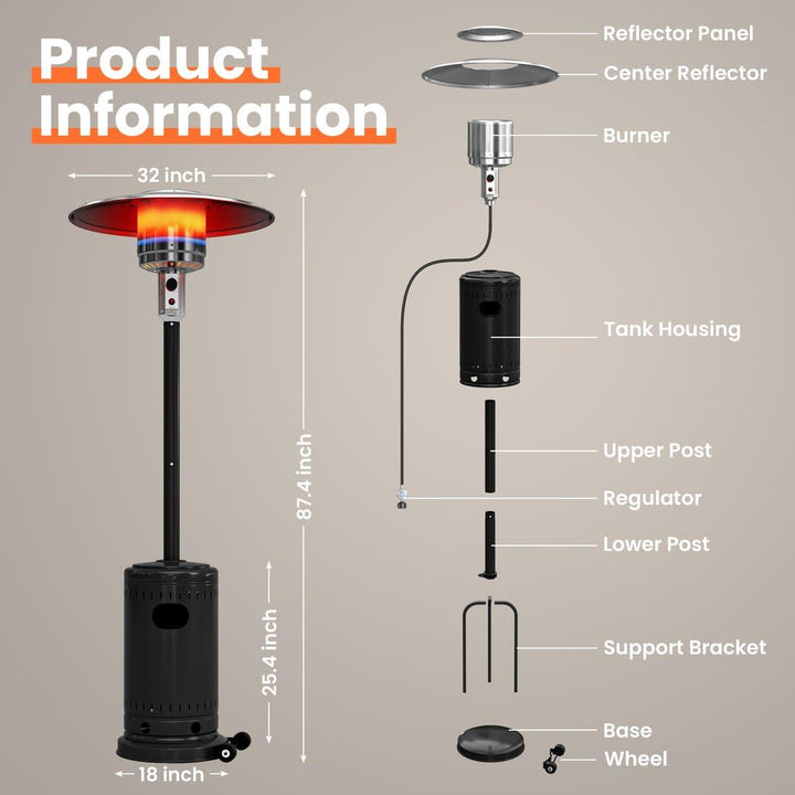 Pamapic 48000 BTU Propane Freestanding Patio Heater with Cover & Wheels, Commercial & Residential