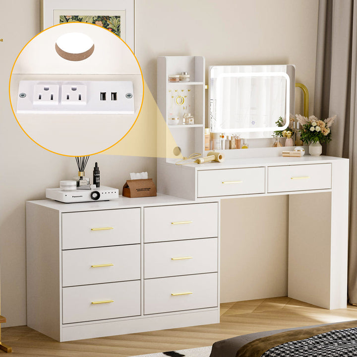 Pamapic 8-Drawer Adjustable Width(60"-67") Vanity Desk with Lighted Mirror & Power Outlets