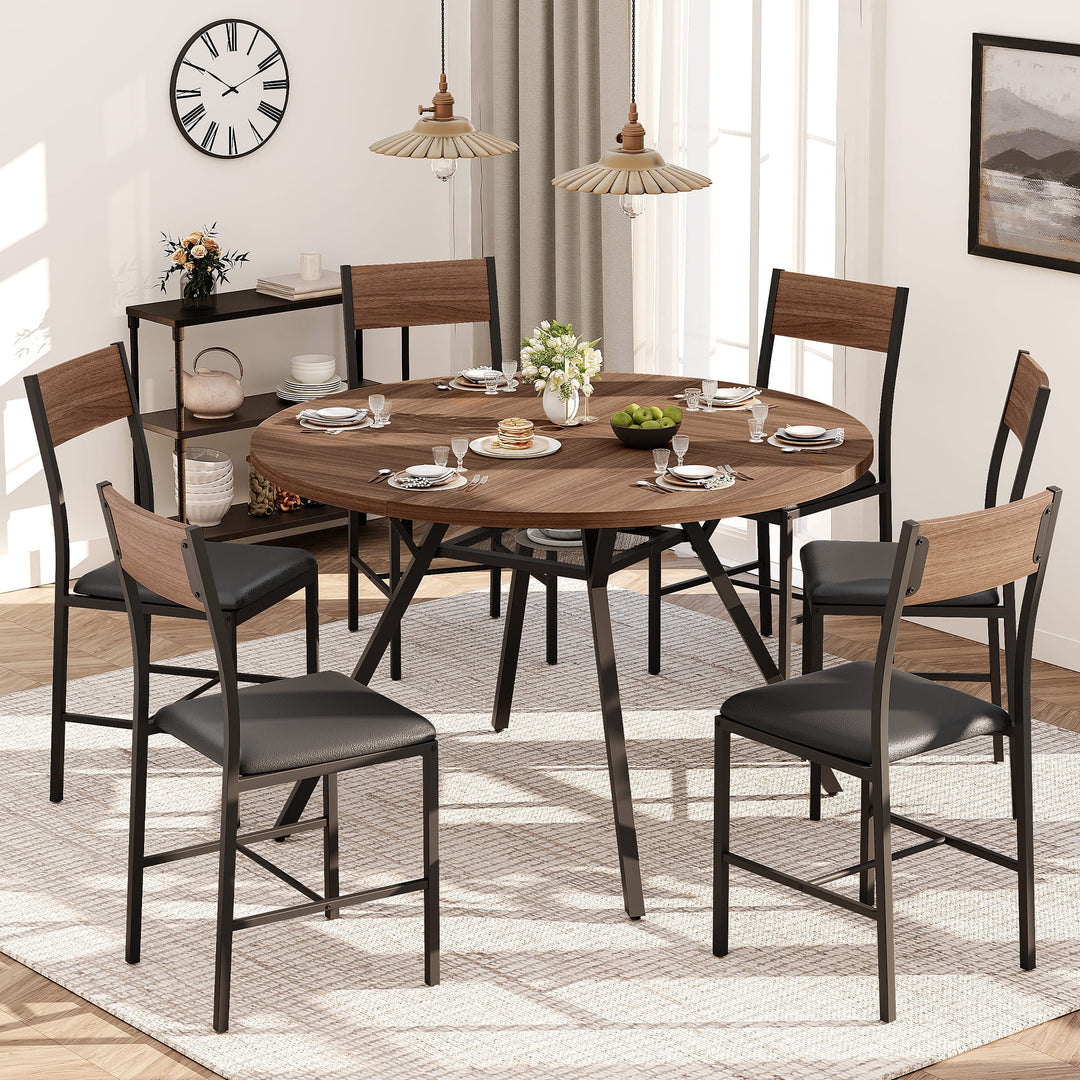 Modern Round Dining Table Set for 6 with Meta Frame Assembly Guidance