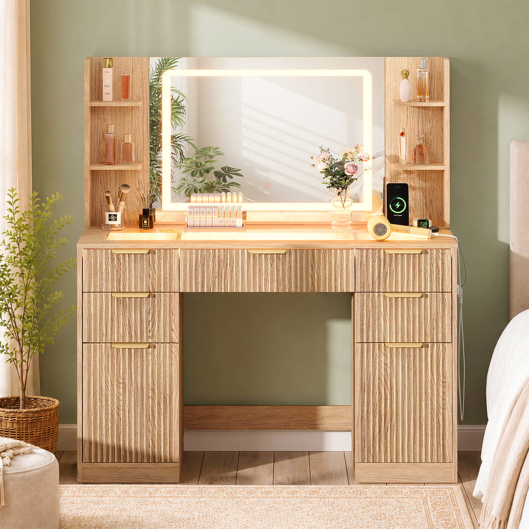 Fluted Glass-Top Makeup Vanity Desk with Open Shelves Assembly Guidance