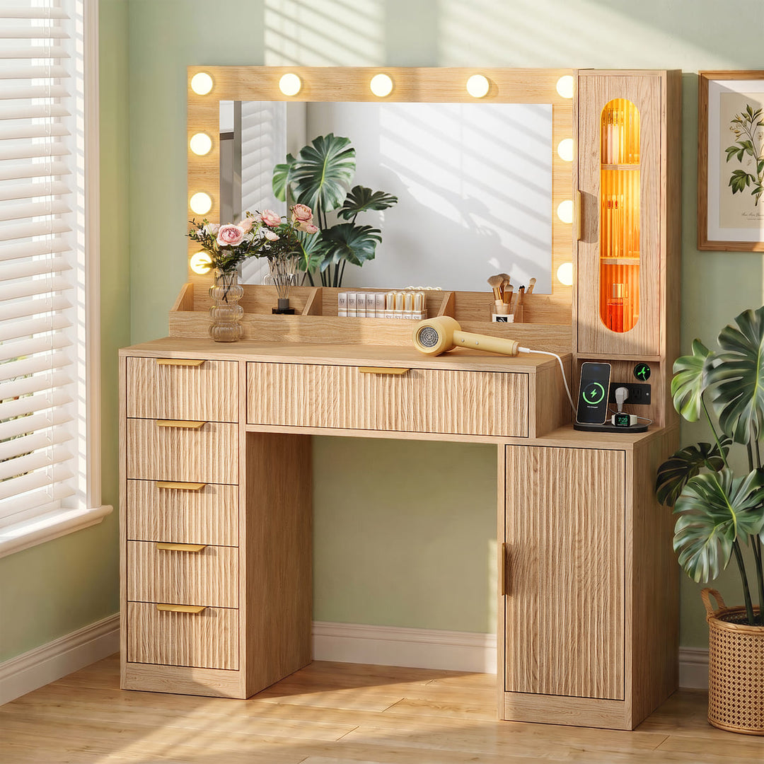 Fluted Makeup Vanity Desk with RGB Cabinet Assembly Guidance