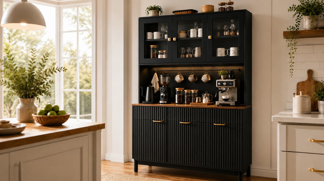 Black kitchen cabinet with wooden top in a bright kitchen setting