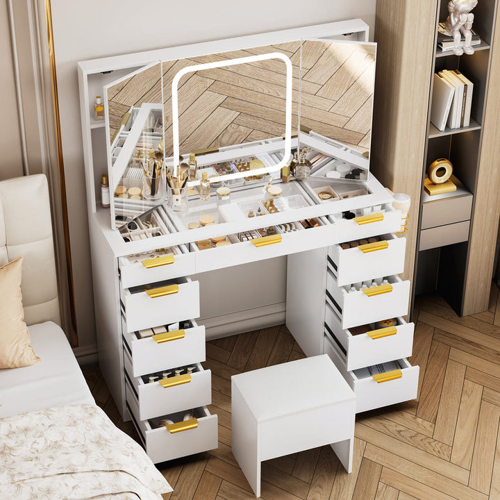 11-Drawer Vanity Desk with Tri-Fold LED Mirror & Glass Top