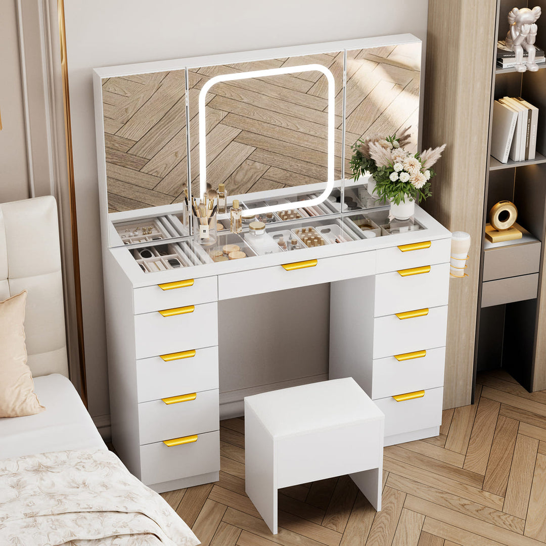 11-Drawer Vanity Desk with Tri-Fold LED Mirror & Glass Top