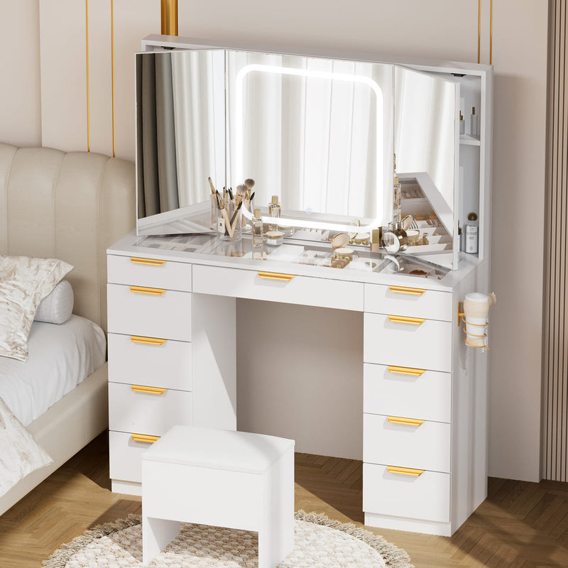 11-Drawer Vanity Desk – Tri-Fold Mirror