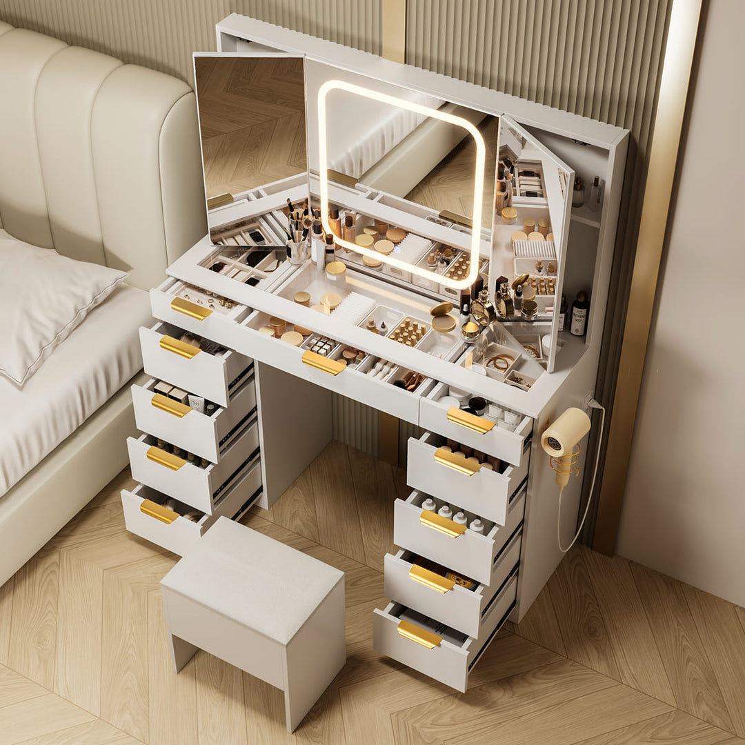 11-Drawer Vanity Desk with Tri-Fold LED Mirror & Glass Top
