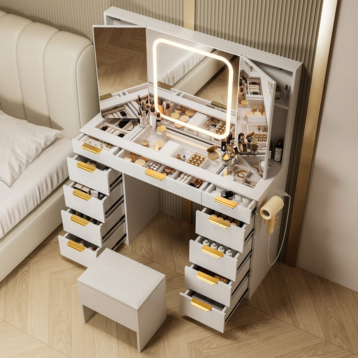 11-Drawer Vanity Desk with Tri-Fold LED Mirror & Glass Top