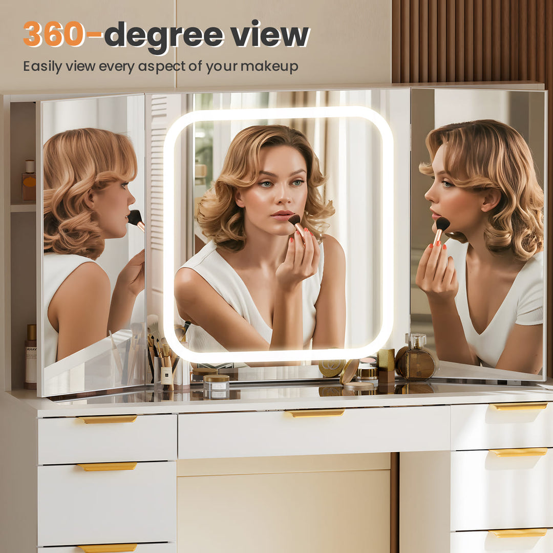 11-Drawer Vanity Desk with Tri-Fold LED Mirror & Glass Top