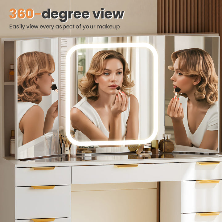 11-Drawer Vanity Desk with Tri-Fold LED Mirror & Glass Top