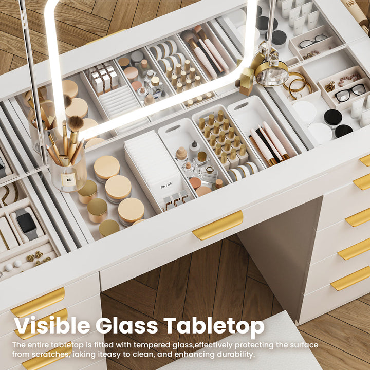 11-Drawer Vanity Desk with Tri-Fold LED Mirror & Glass Top