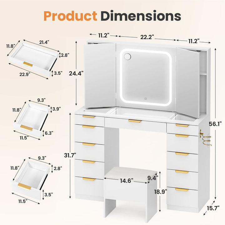 11-Drawer Vanity Desk with Tri-Fold LED Mirror & Glass Top
