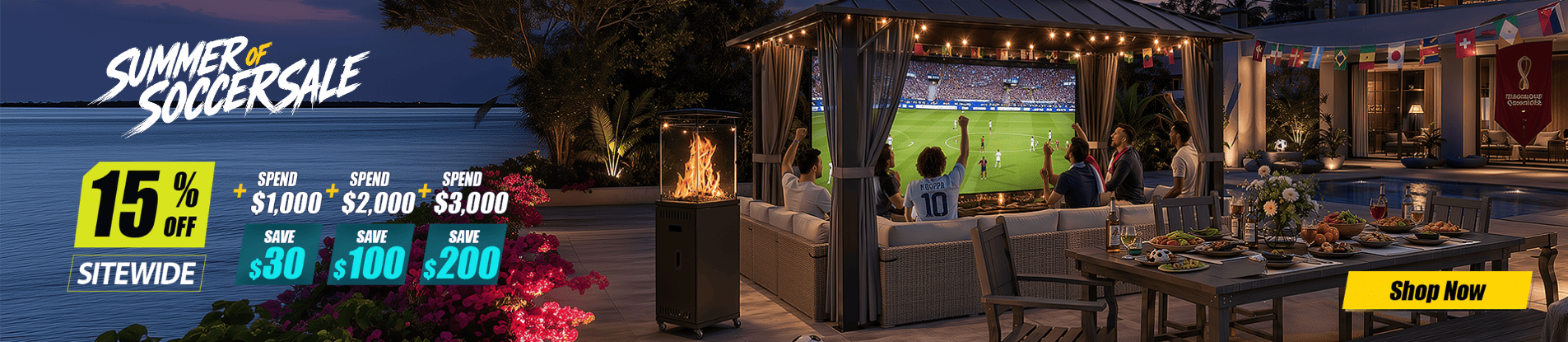 Outdoor patio area with people watching a soccer game on a screen, summer sale advertisement in the background.
