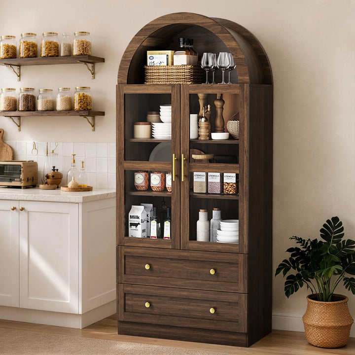 Arched Glass Display Cabinet with Drawers