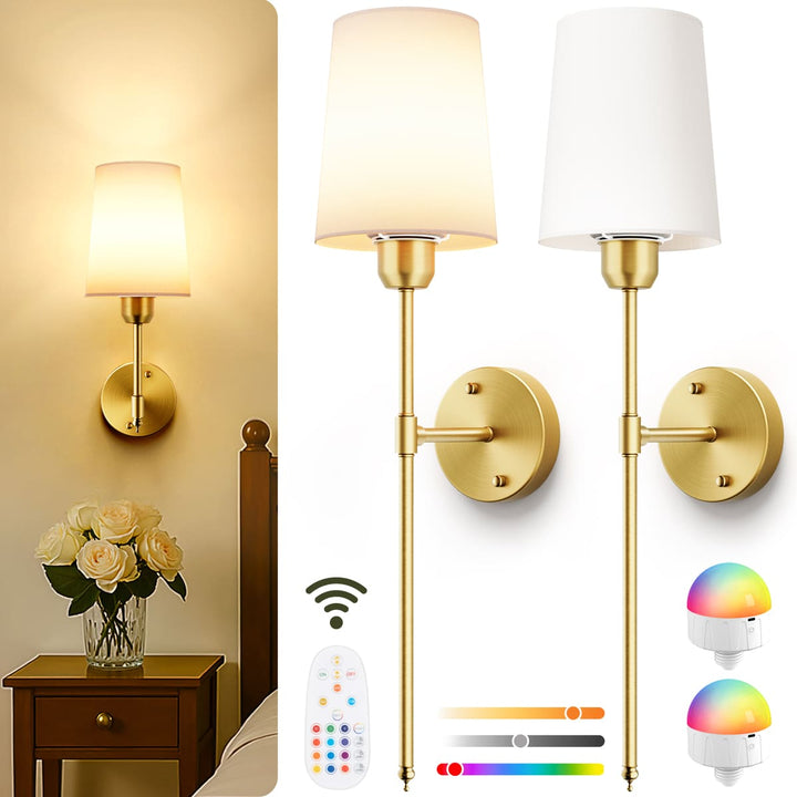 Rechargeable RGB Wall Sconces with Fabric Shades, Set of 2