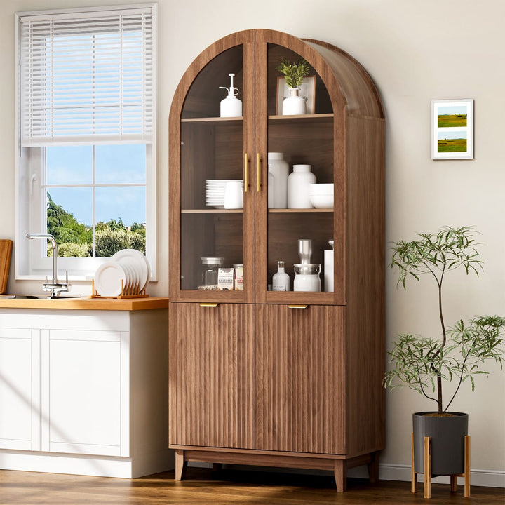 Pamapic Modern Farmhouse Arched Cabinet with Glass Doors & Adjustable Shelves