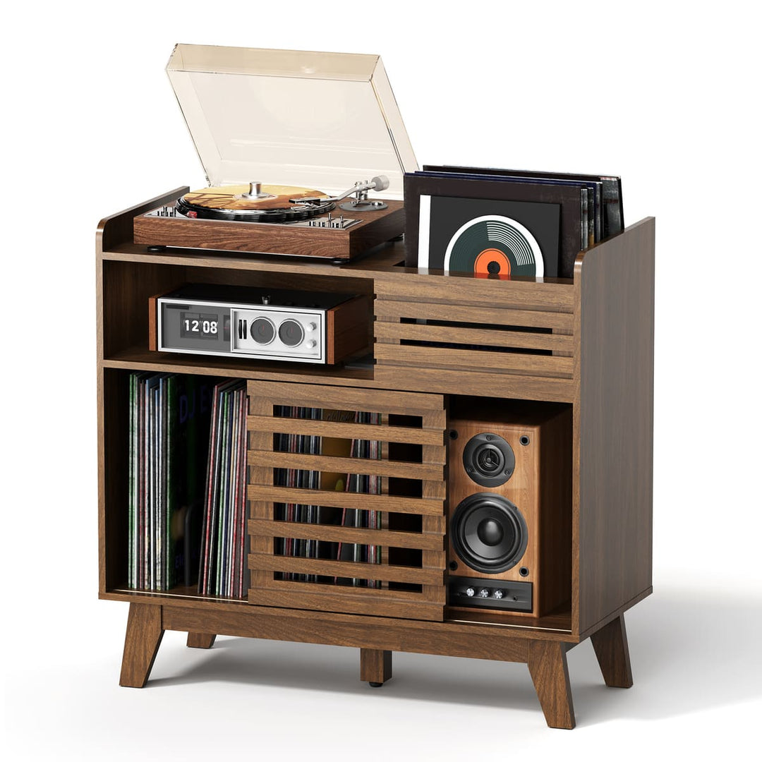 Mid-Century Record Player Stand with Slatted Doors