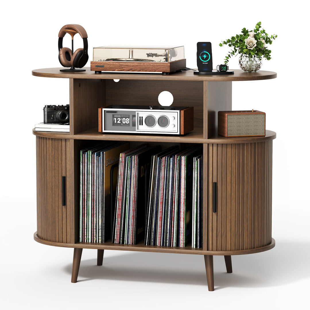 Curved Fluted Record Player Stand with Vinyl Storage