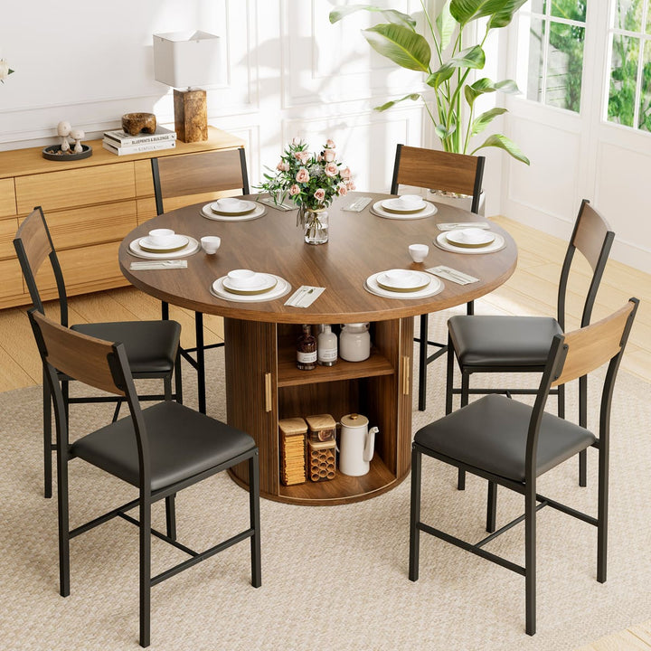 Indoor Round Dining Set with Tambour Storage, 7-Piece