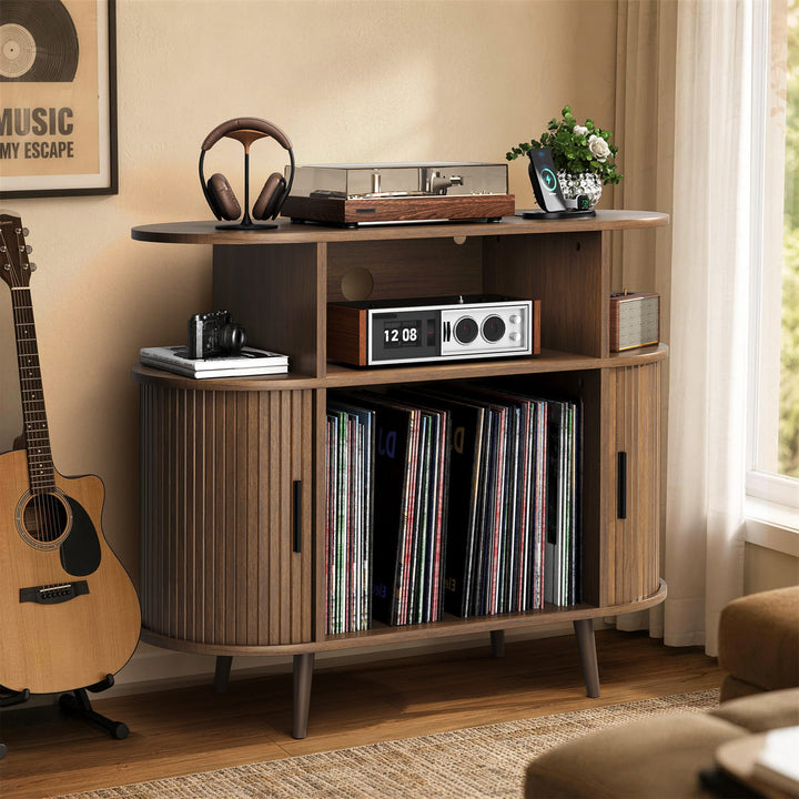 Curved Fluted Record Player Stand with Vinyl Storage