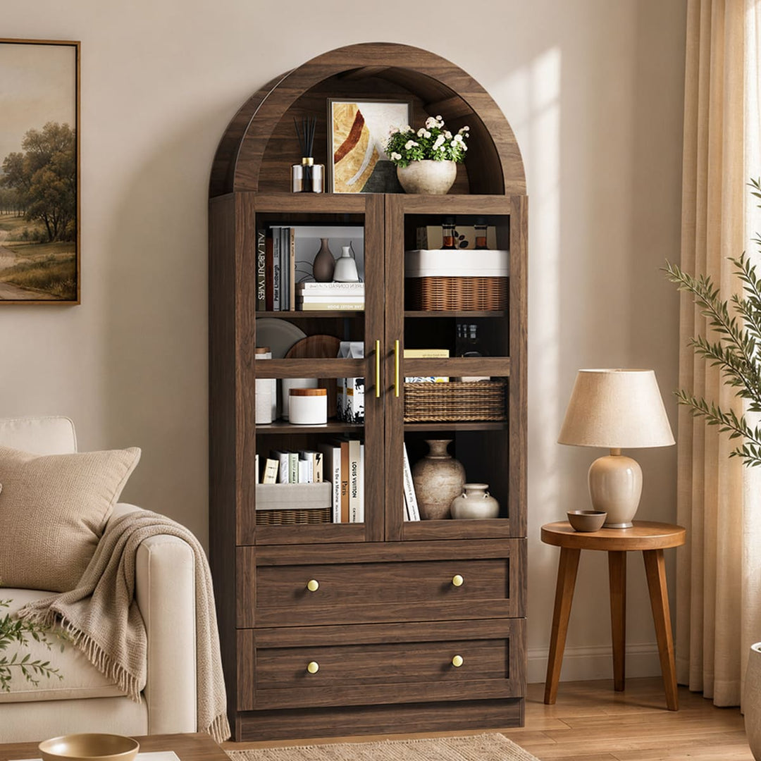 Arched Glass Display Cabinet with Drawers