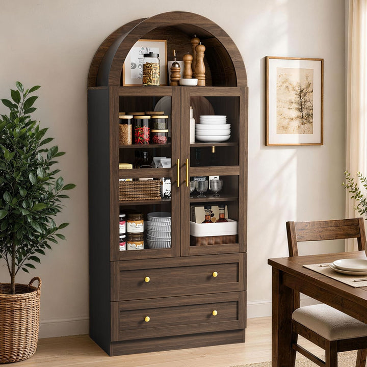 Arched Glass Display Cabinet with Drawers