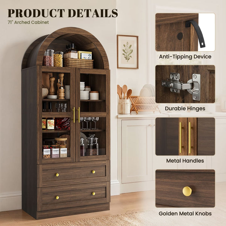 Arched Glass Display Cabinet with Drawers