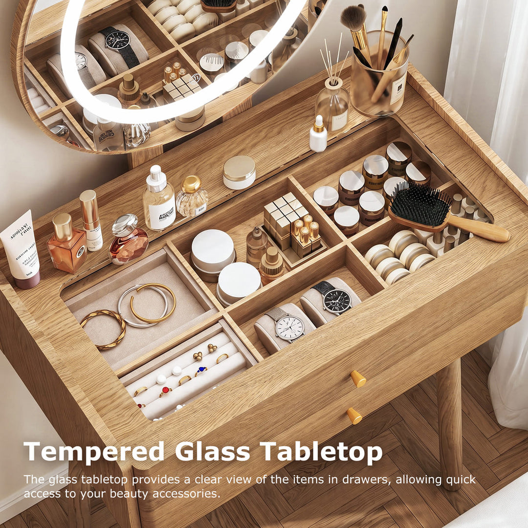 Small Makeup Vanity Desk with Round LED Mirror, Cushioned Stool& 2 Drawers