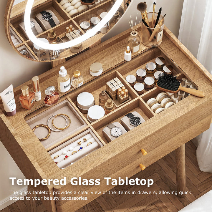 Small Makeup Vanity Desk with Round LED Mirror, Cushioned Stool& 2 Drawers