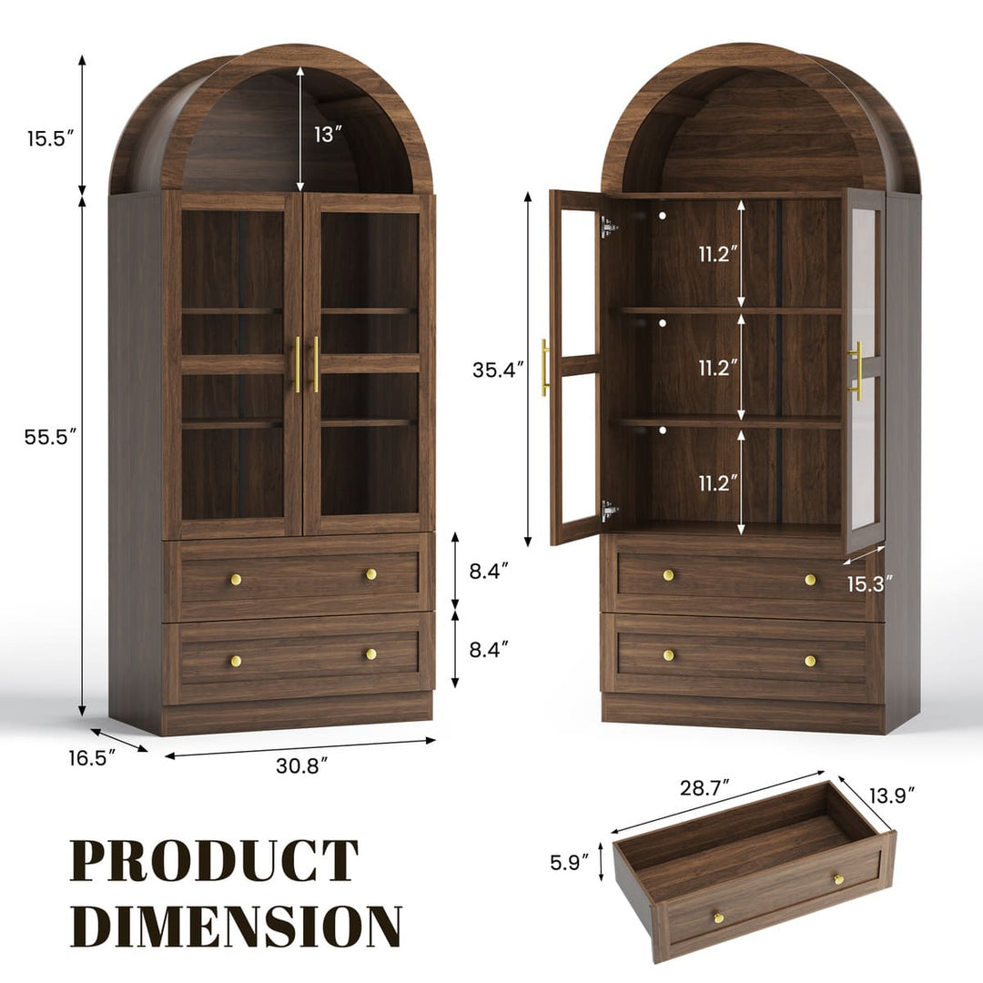 Arched Glass Display Cabinet with Drawers