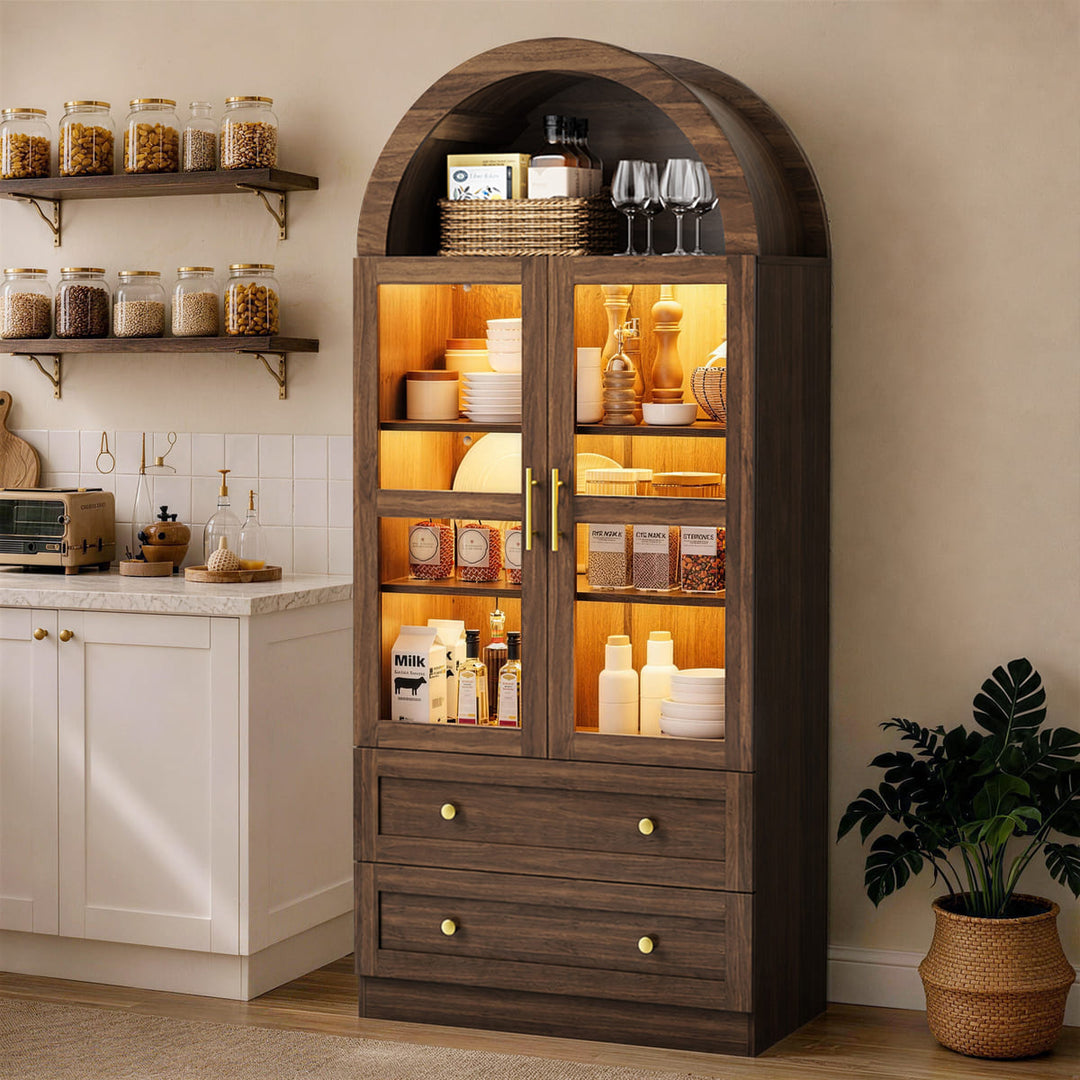 Wooden display cabinet with glass doors in a kitchen setting