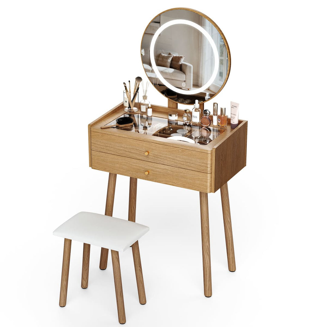 Small Makeup Vanity Desk with Round LED Mirror, Cushioned Stool& 2 Drawers