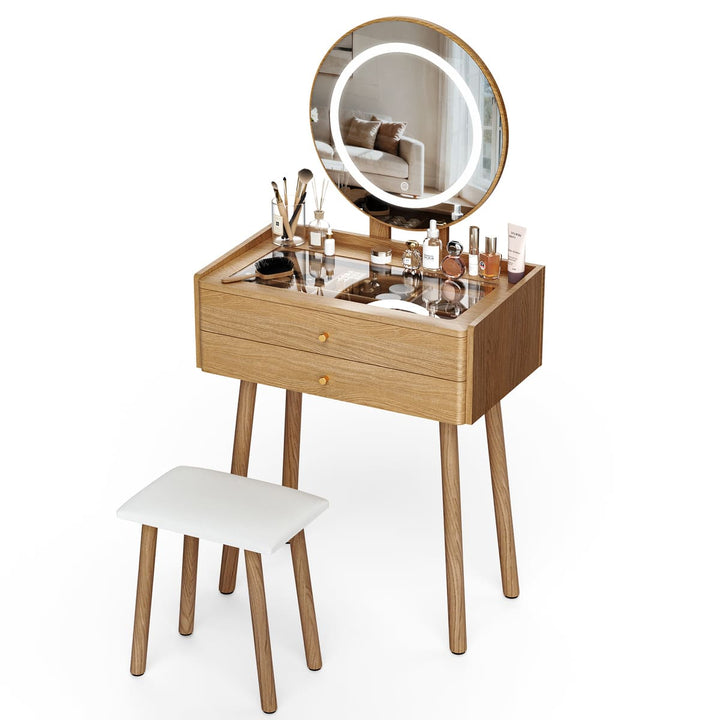 Small Makeup Vanity Desk with Round LED Mirror, Cushioned Stool& 2 Drawers