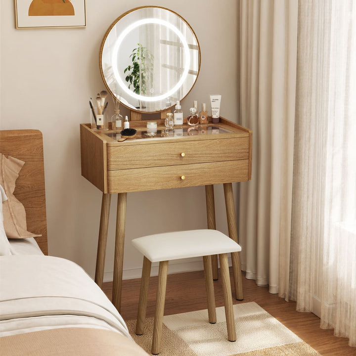 Small Makeup Vanity Desk with Round LED Mirror, Cushioned Stool& 2 Drawers