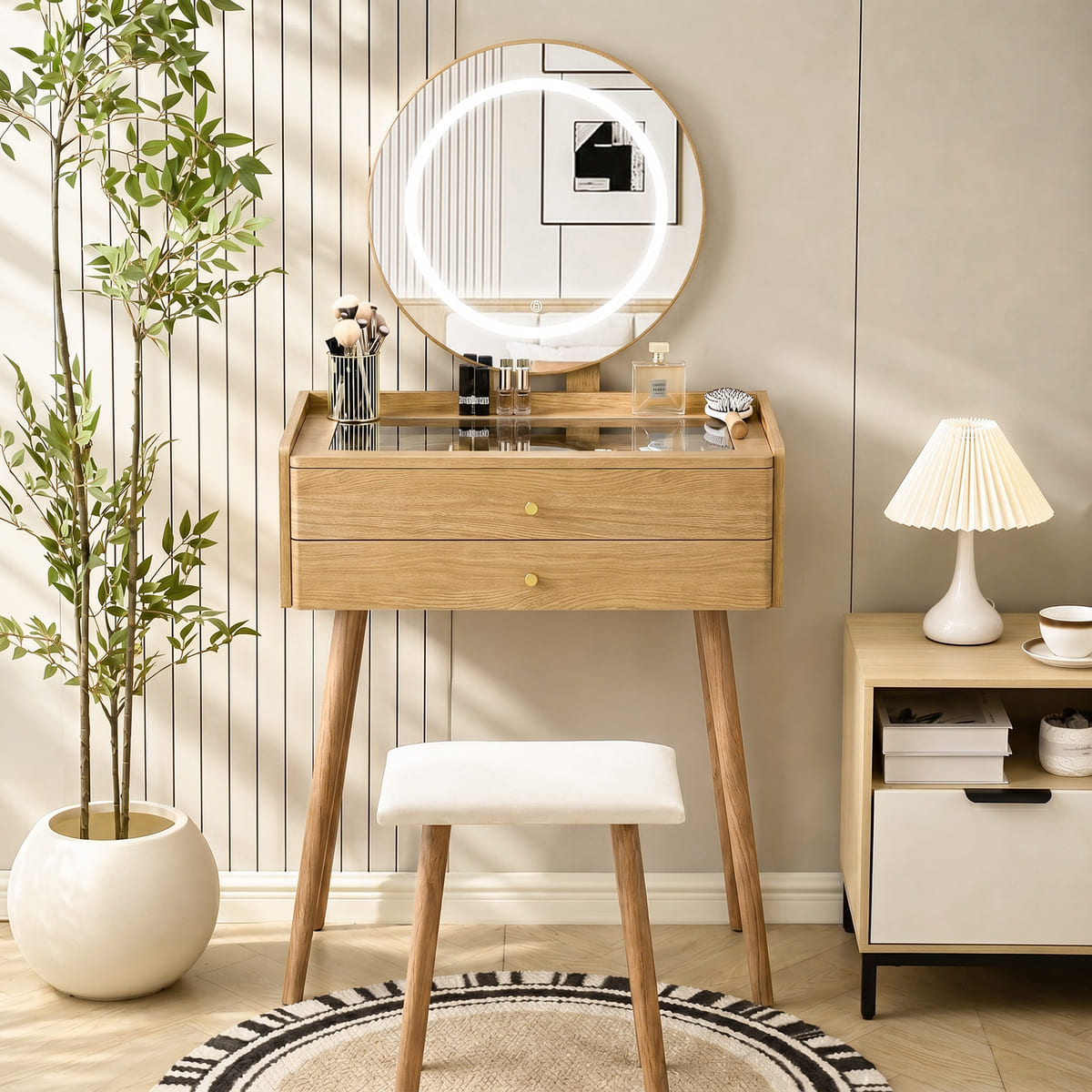 Small Vanity Desk with Round LED Mirror & Stool | Pamapic