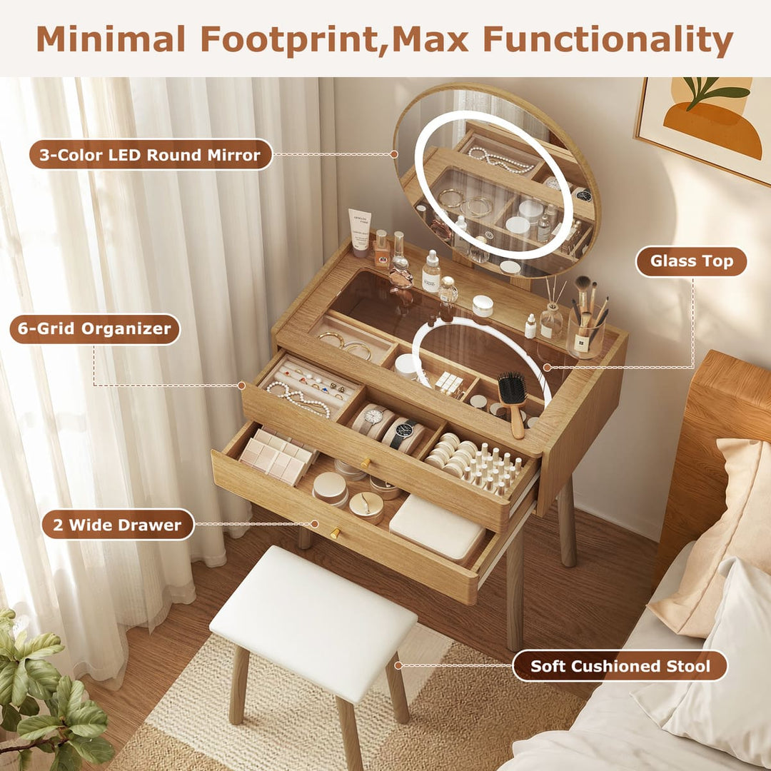 Small Makeup Vanity Desk with Round LED Mirror, Cushioned Stool& 2 Drawers