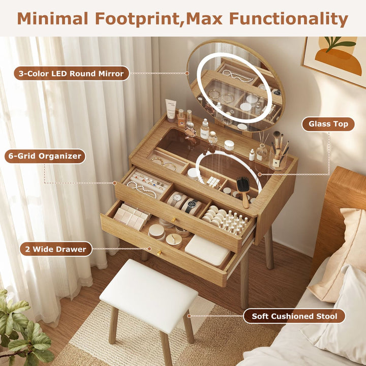 Small Makeup Vanity Desk with Round LED Mirror, Cushioned Stool& 2 Drawers