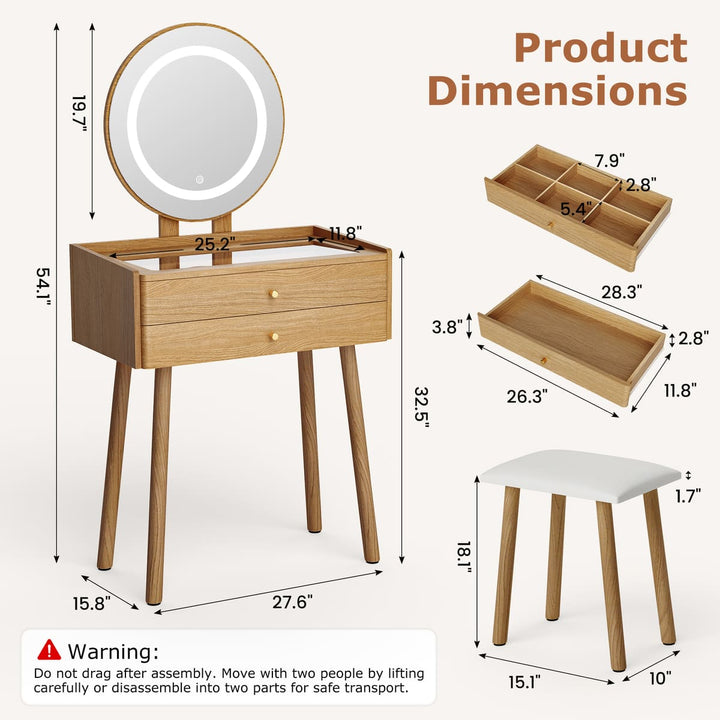 Small Makeup Vanity Desk with Round LED Mirror, Cushioned Stool& 2 Drawers