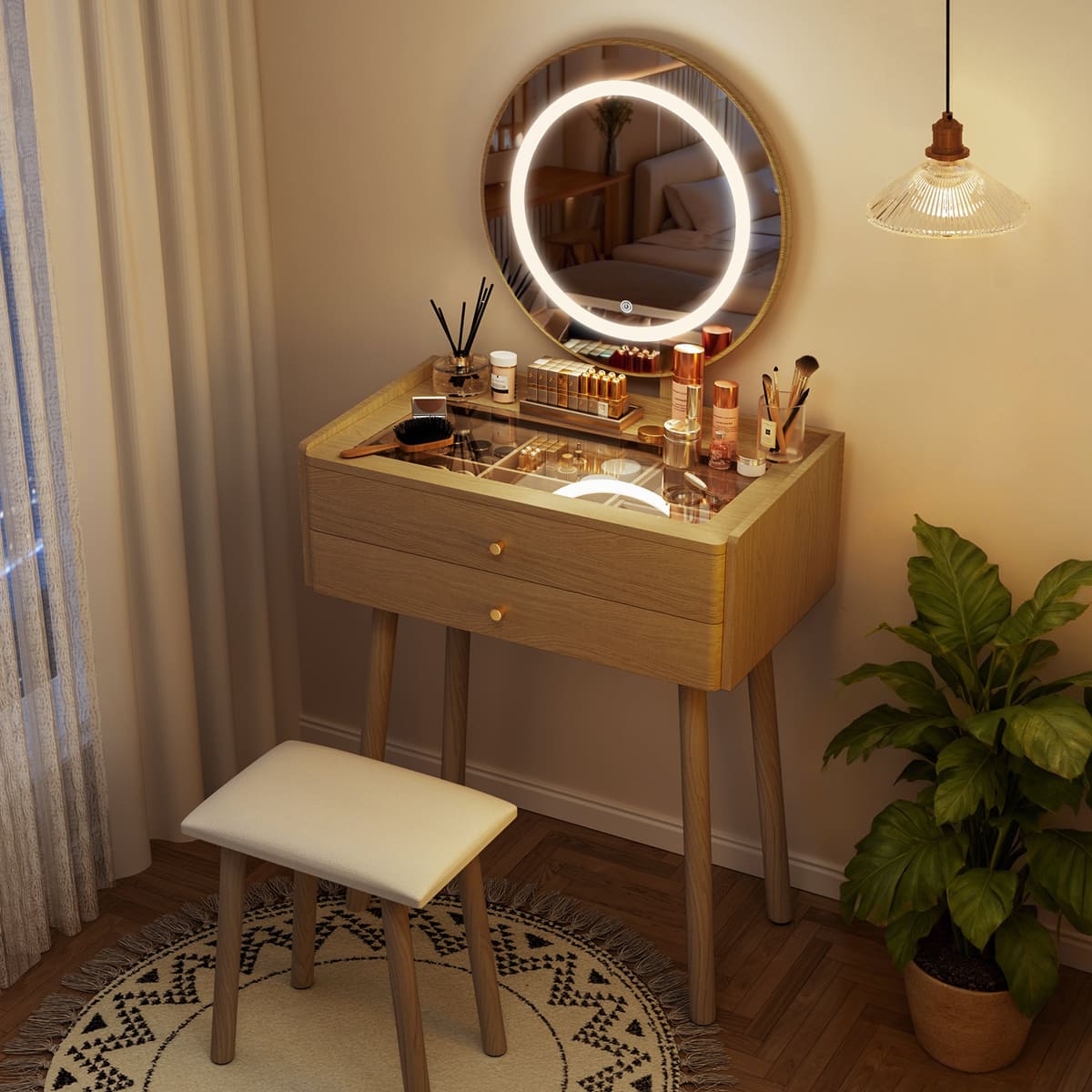 Small Vanity Desk with Round LED Mirror & Stool | Pamapic