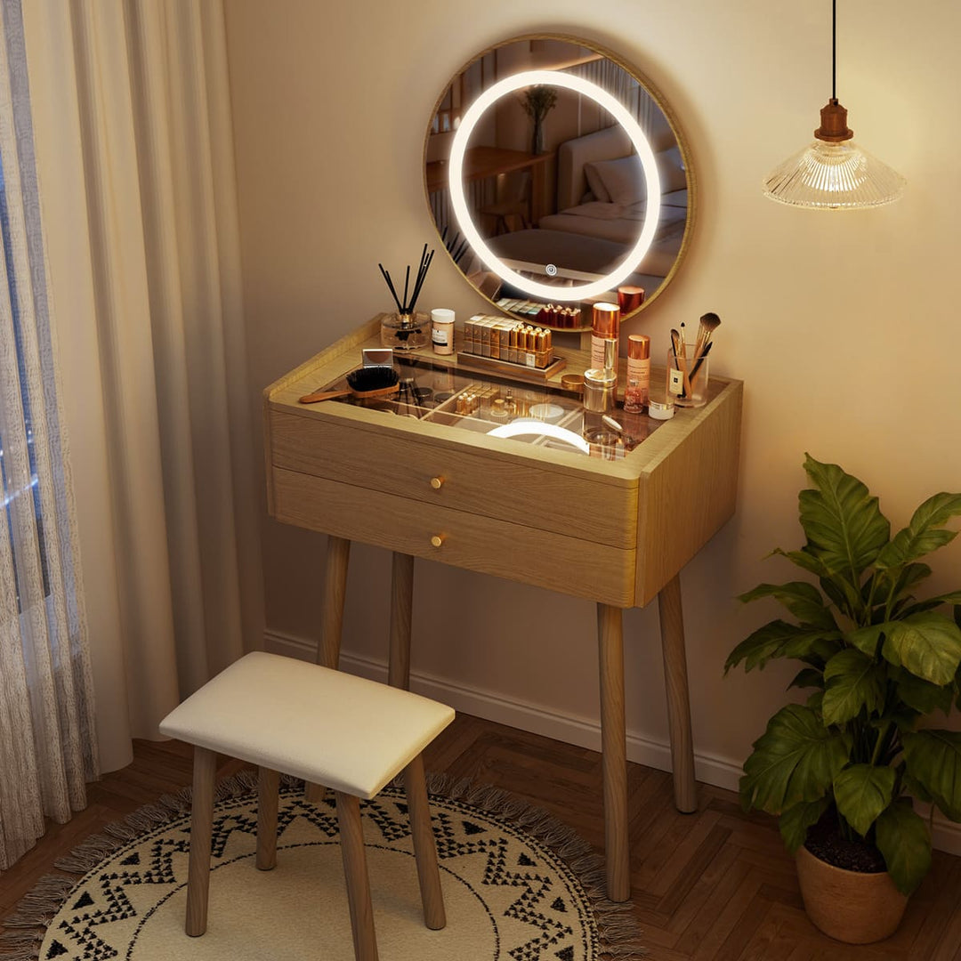 Small Makeup Vanity Desk with Round LED Mirror, Cushioned Stool& 2 Drawers