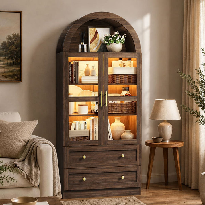 Arched Glass Display Cabinet with Drawers & LED Lights
