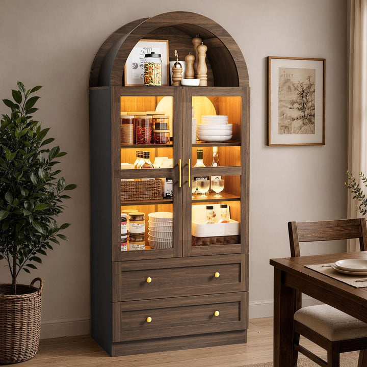 Arched Glass Display Cabinet with Drawers & LED Lights