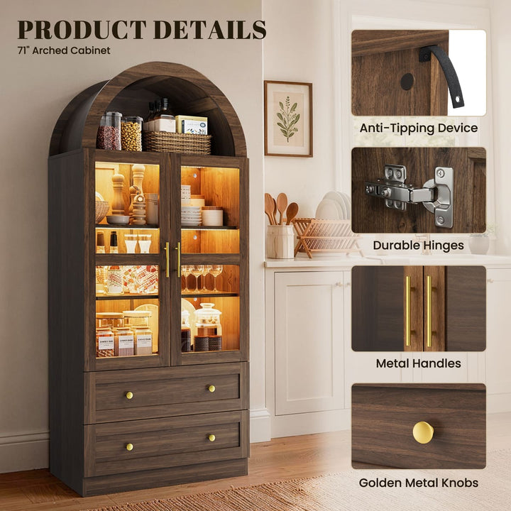 Arched Glass Display Cabinet with Drawers & LED Lights