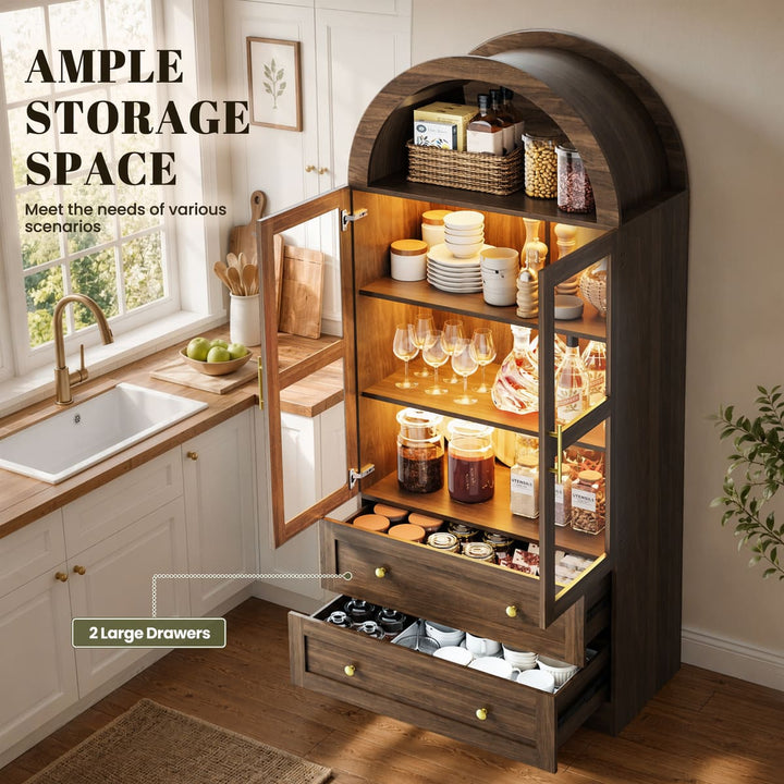 Arched Glass Display Cabinet with Drawers & LED Lights